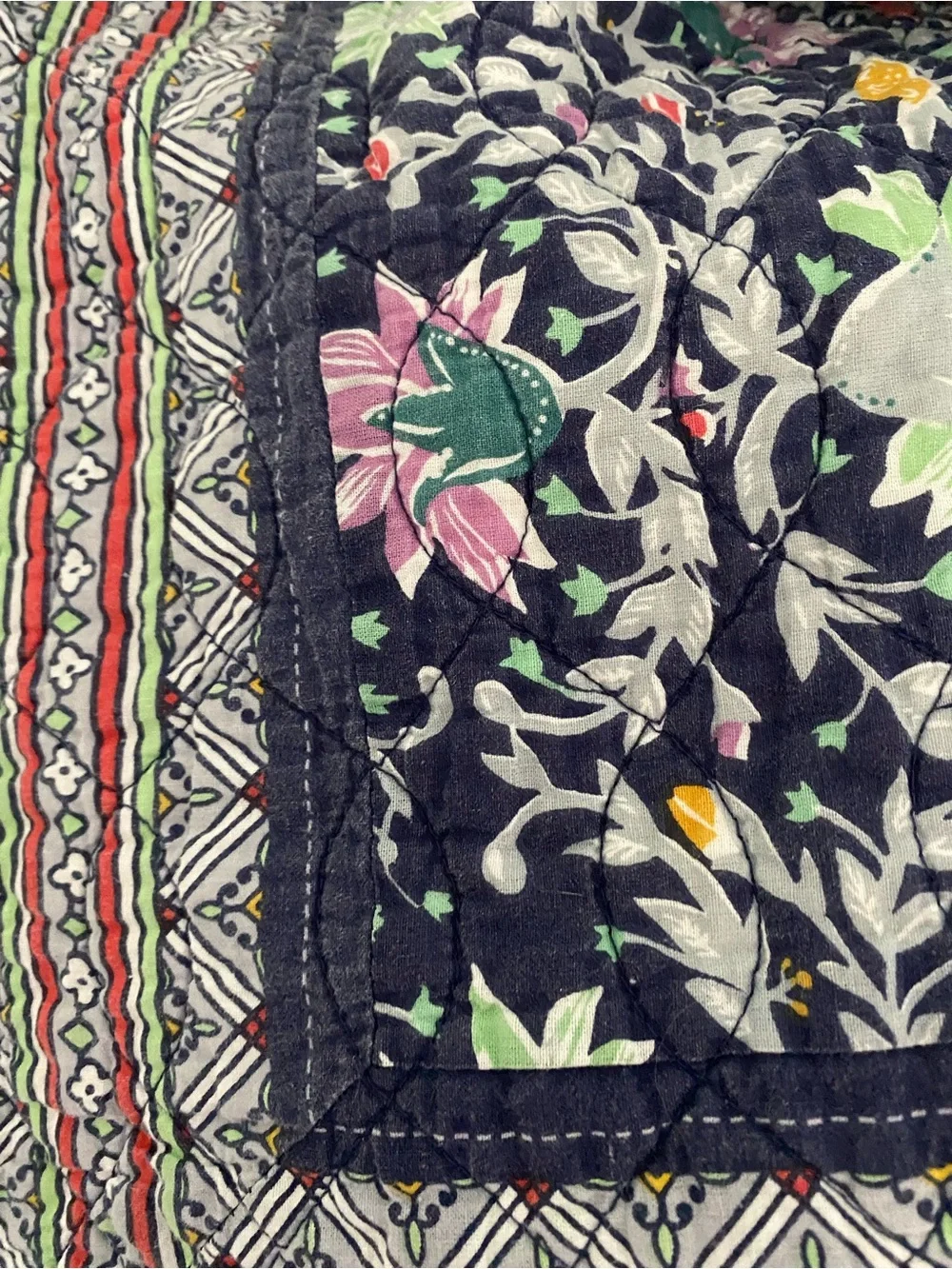Vera Bradley Navy Floral Quilted Throw with Pink, Yellow, Green Accents